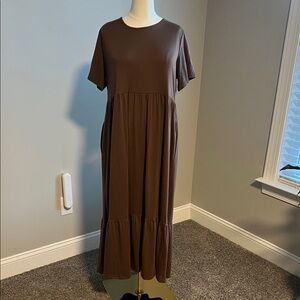 Casual Brown T-shirt Maxi Dress with Tiering